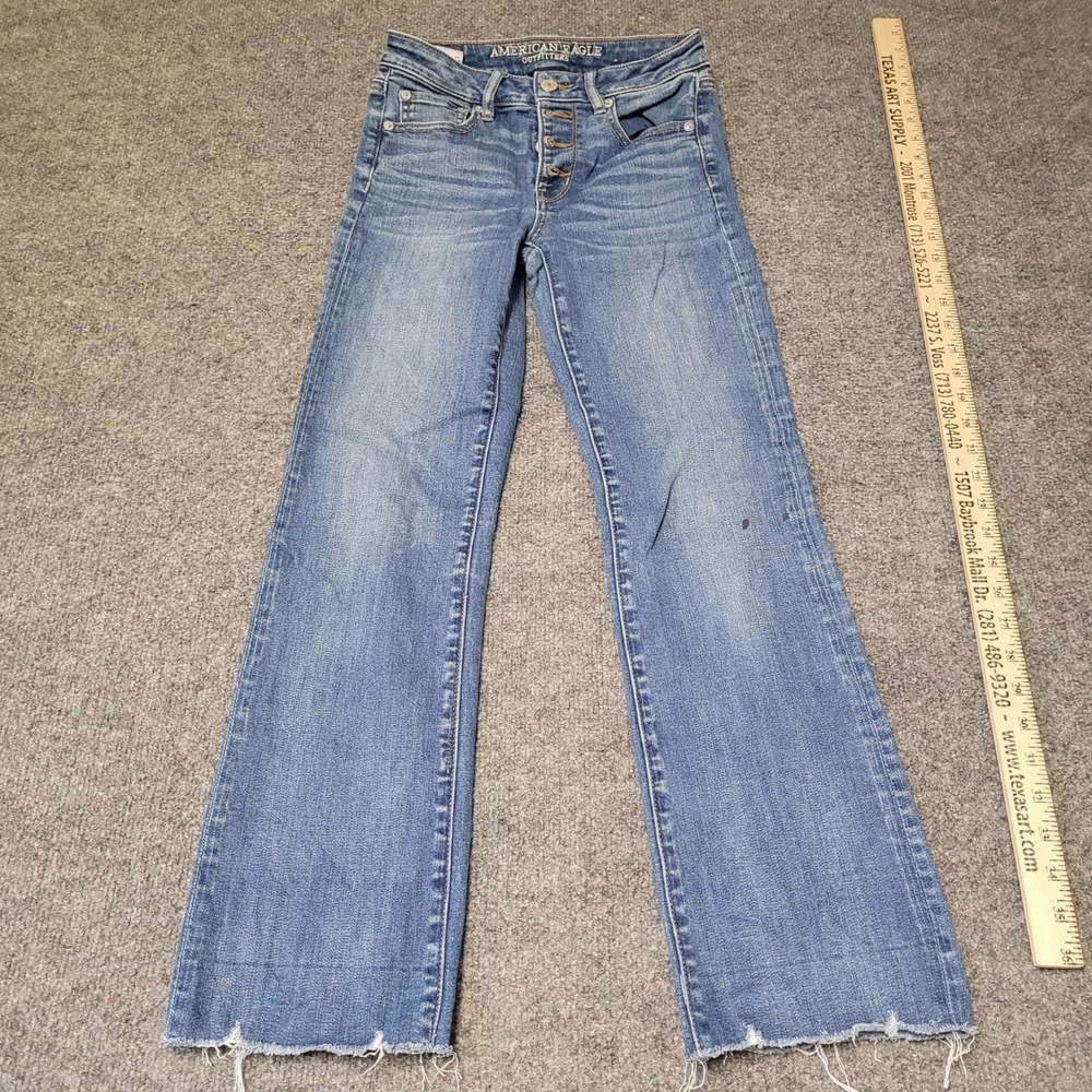 American Eagle Jeans Womens Size 0 Blue Flare Button Fly Raw Hem Slim Stretch